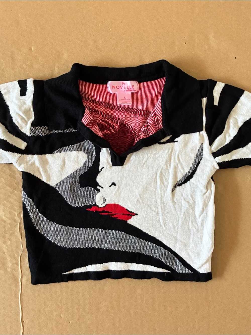 Novelle Cropped Knit Polo Shirt Pop Art Euro Style Viscose Short Sleeve Large